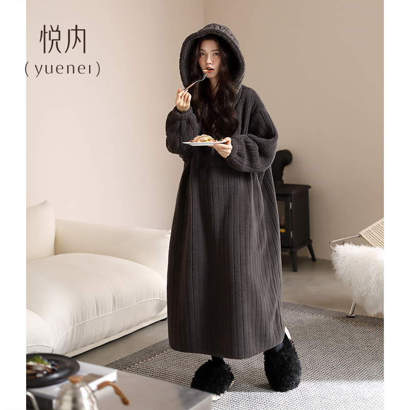 悦内睡裙女睡衣秋冬季冬款法兰绒加绒加厚保暖珊瑚绒长款连帽睡袍,女士内衣/男士内衣/家居服,睡裙,淘宝优惠券,粉丝福利购,淘宝优惠卷