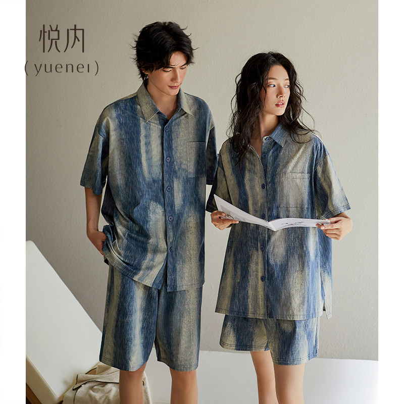 悦内情侣睡衣女士夏季夏天纯棉短袖短裤家居服男款扎染做旧可外穿