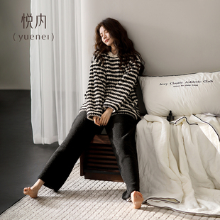 加绒加厚珊瑚绒毛绒家居服条纹冬天 冬款 悦内半边绒睡衣女款 秋冬季