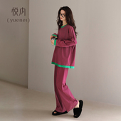 秋季 纯棉长袖 长裤 悦内睡衣女春秋款 家居服宽松大码 条纹显白莓红色