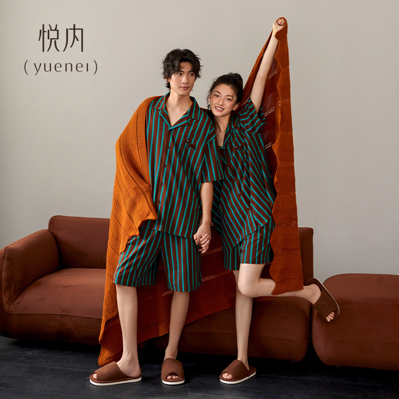 悦内情侣睡衣女夏季纯棉短袖短裤家居服夏天男款复古条纹开衫套装
