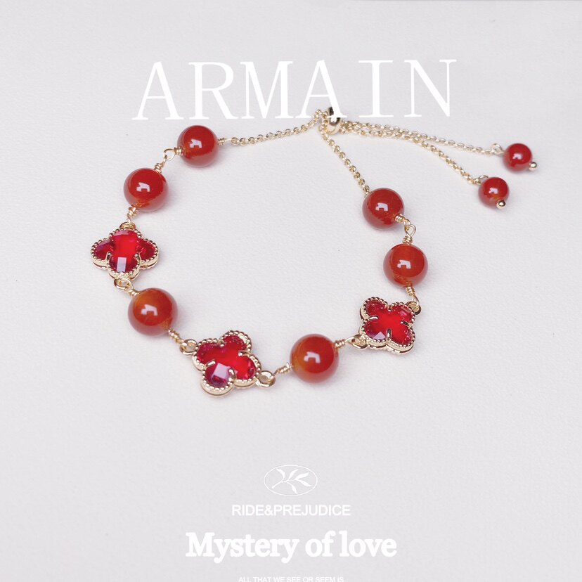 幸运｜四叶草手链红宝石玛瑙手串14k包金可调节气质女士礼物推荐