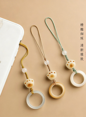 白玉菩提炭烧猫爪手机挂绳女可爱精致指环扣招财猫挂饰手机链挂件