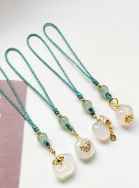 天然冰种白玉髓玛瑙如意锁手机链莲蓬吊坠中国风古风挂件包包挂饰