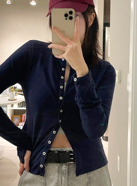 拉夫25秋冬新款修身版圆领开衫棉质珠地弹力针织单排扣长袖开襟