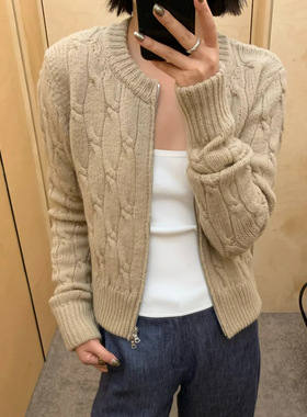 【预】DVN浅咖色复古绞花开衫双拉链秋冬软糯绒感毛衣短外套