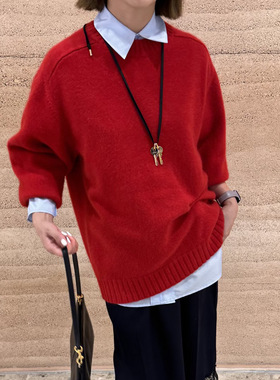 25秋冬新款女士拉绒羊毛灰圆领套衫针织衫纯色长袖毛衣女宽松