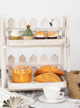 复古木质双层甜品架户外置物花架