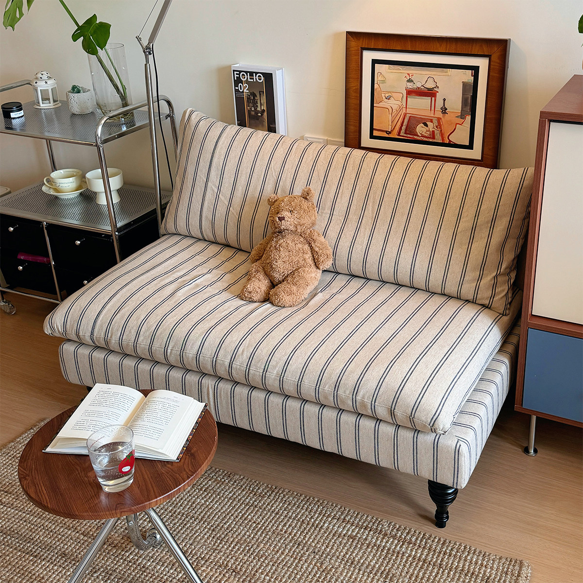 法式中古风复古沙发简约卧室小沙发客厅民宿设计师条纹布艺沙发椅