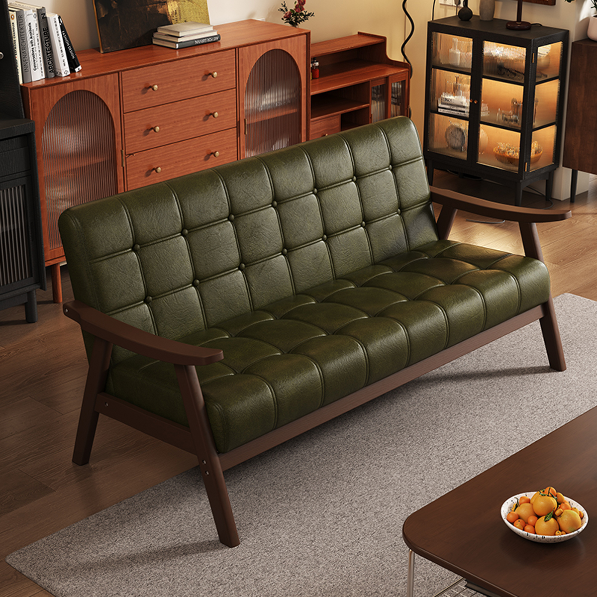 小户型实木中古风客厅沙发双人绿色窄版阳台简易木质卧室小型房间