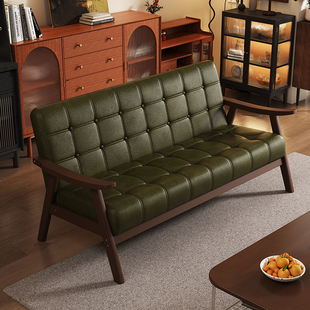 小户型实木中古风客厅沙发双人绿色窄版阳台简易木质卧室小型房间