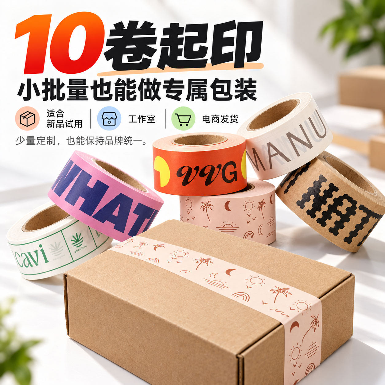 自粘牛皮纸胶带定制logo彩色印字小批量定做封口胶纸定制胶布印刷