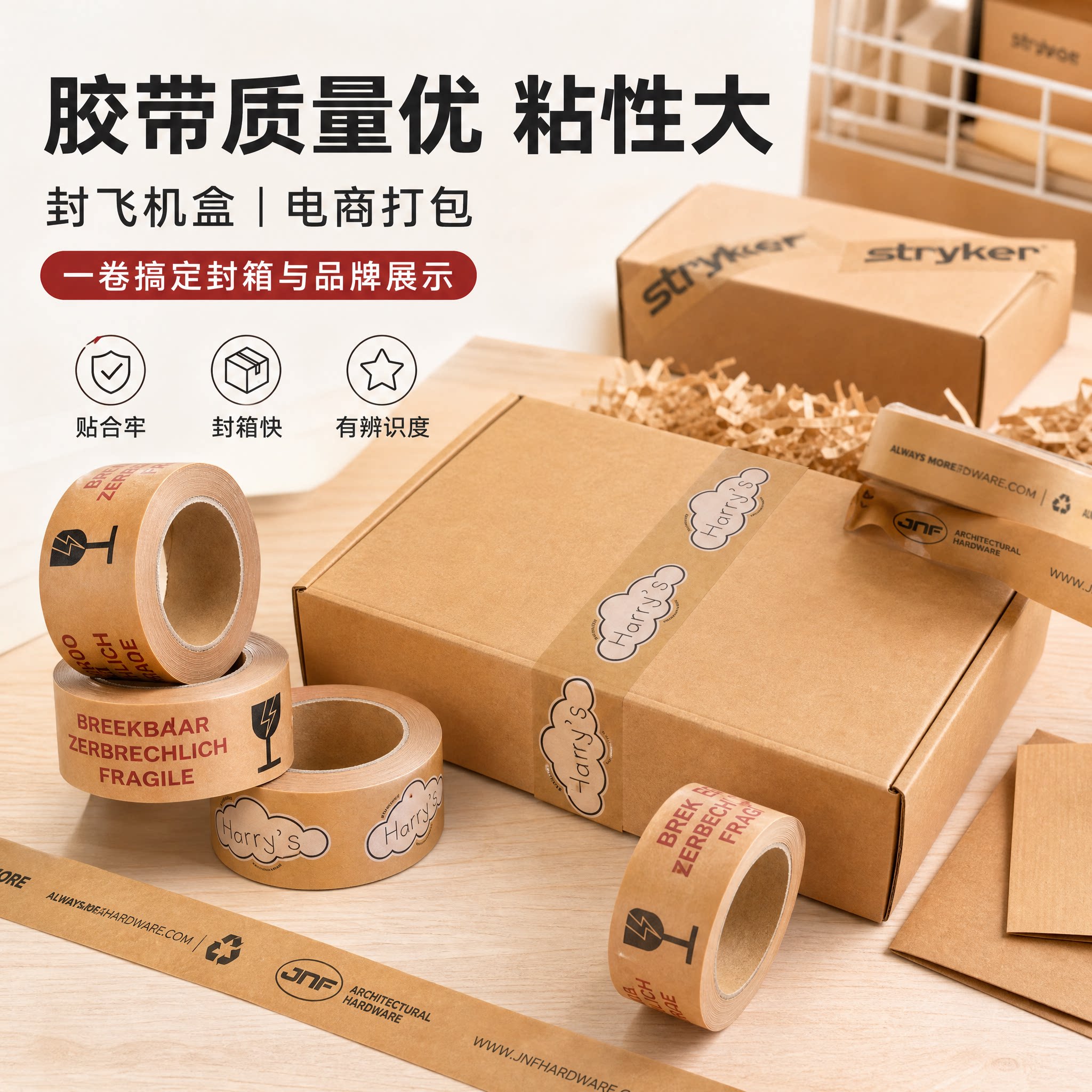 自粘牛皮纸胶带定制logo印花小批量定做封口胶纸电商快递打包胶布