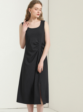 DONEED夏款极简气质背心裙缩褶设计感开叉针织长款连衣裙女