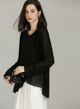 DONEED春款圆领长袖设计感雪纺不规则黑色拼接小众气质衬衫上衣女