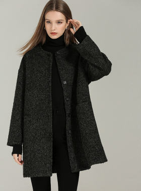 DONEED春款极简风宽松厚实保暖圆领落肩袖毛呢大衣外套女