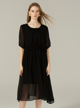 DONEED夏新款法式文艺风木耳拼接轻薄天丝宽松中长款连衣裙女