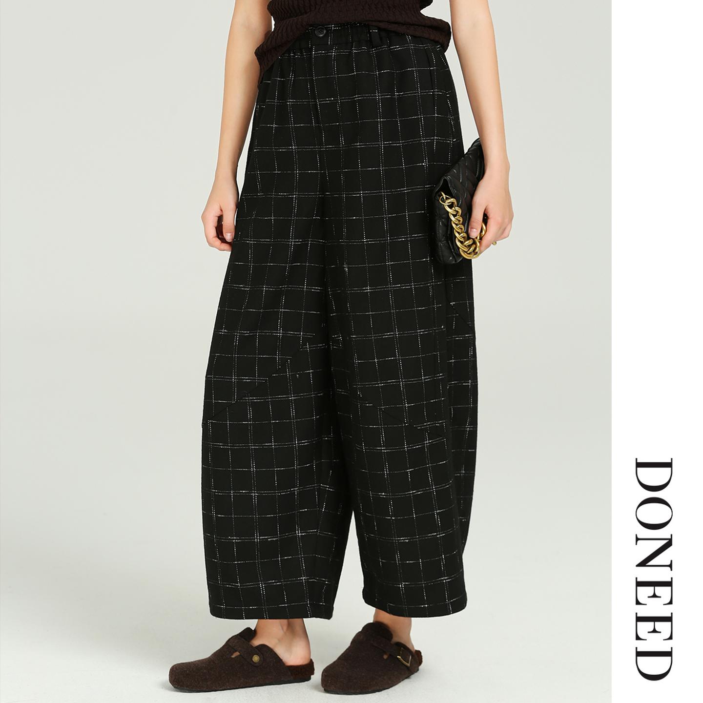 绵羊毛格纹休闲裤女阔腿直筒裤