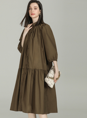 DONEED【纯棉】春夏款文艺风宽松荷叶摆娃娃裙七分袖连衣裙女