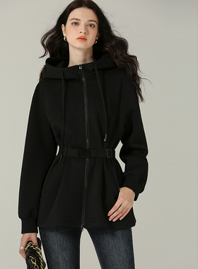 DONEED春装纯色休闲连帽松紧收腰可以拆卸腰带运动工装针织外套女