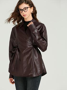 DONEED春季新款复古设计高级感金属感翻领皮衣外套女