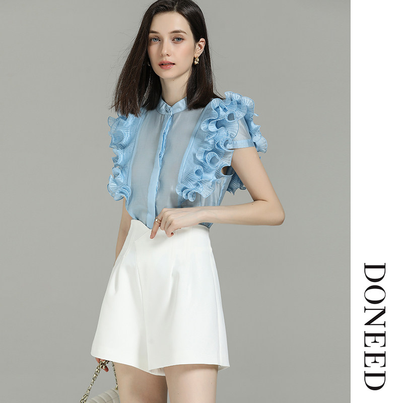DONEED夏款优雅通勤叠层荷叶袖小圆领双层防透轻薄天丝衬衫女
