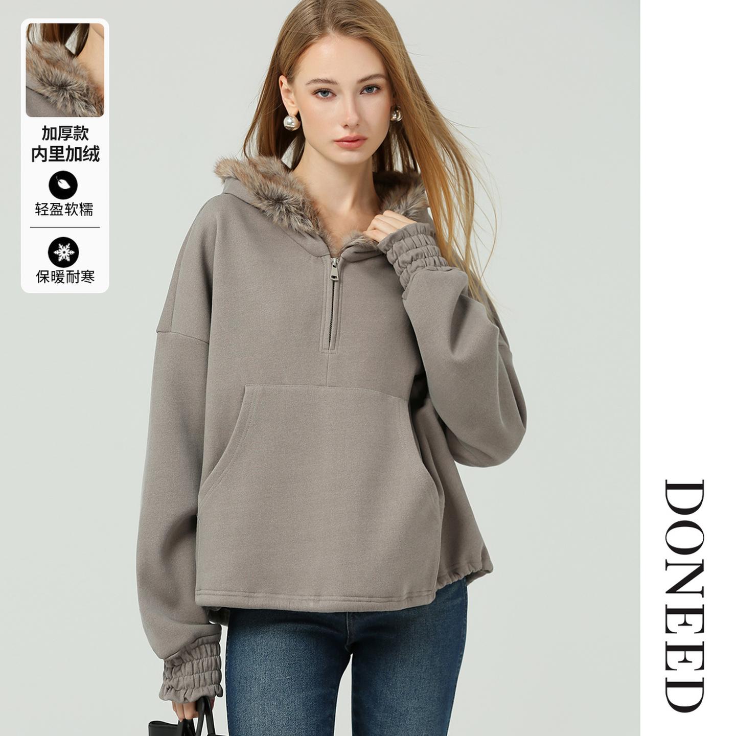 美式复古廓形连帽宽松加绒卫衣