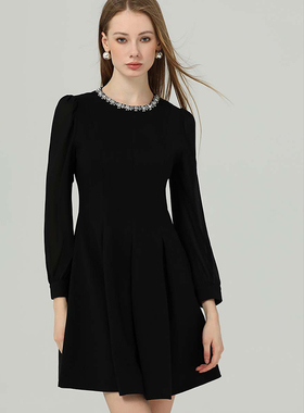 DONEED2025秋款温婉优雅钉钻圆领拼接雪纺长袖小香风毛呢连衣裙女