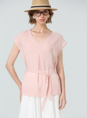 DONEED夏款时尚通勤V领飞袖配腰带轻薄舒适纯色衬衫上衣女