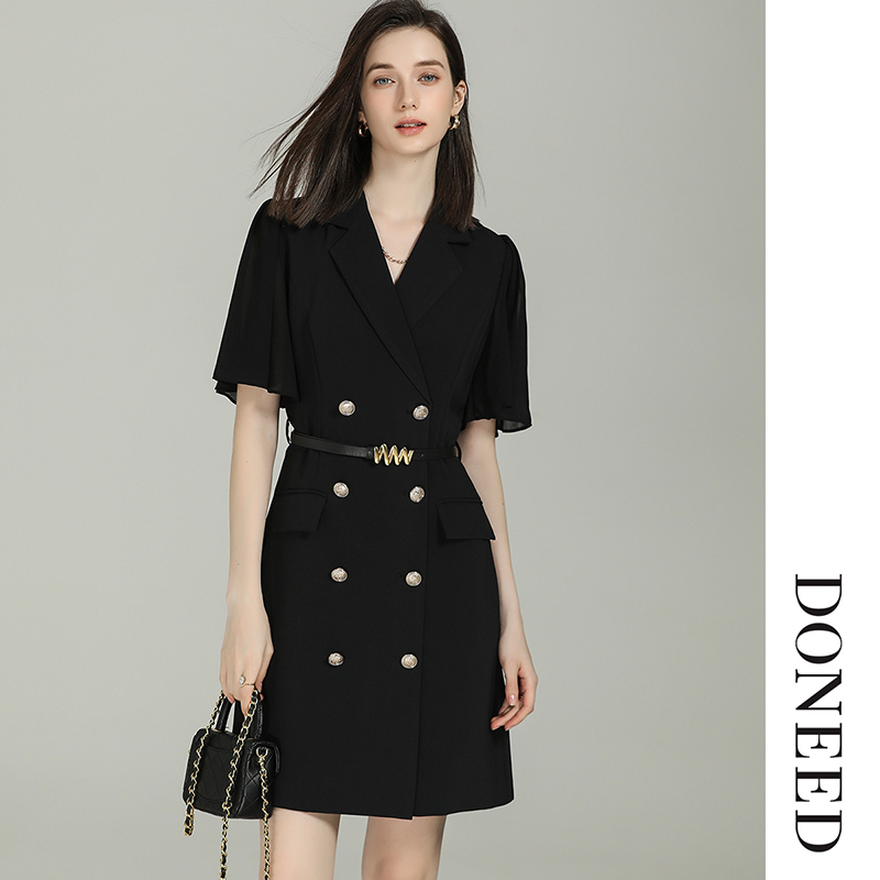 收腰青果领短袖连衣裙女