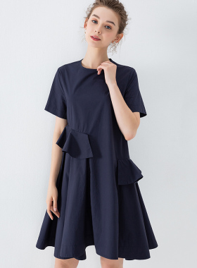 DONEED个性圆领短袖温柔女神范可盐可甜A字夏新款中长连衣裙