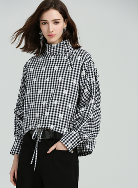 DONEED英伦风格子衬衫女长袖立领系带收腰通勤百搭慵懒都市上衣
