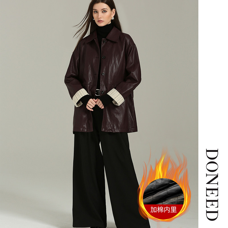 时尚慵懒翻折袖宽松夹棉PU外套