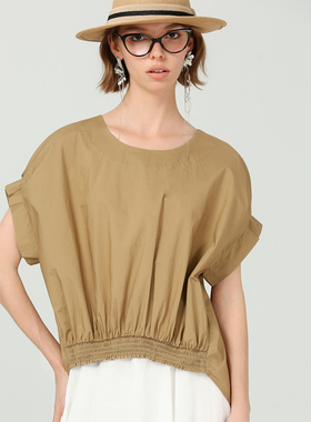 DONEED夏款时尚气质设计感不规则下摆宽松百搭短袖衬衫上衣女