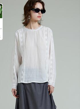 DONEED2026春夏新款苎麻慵懒文艺复古高级感蕾丝拼接衬衫上衣女