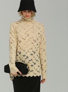 DONEED春季新款高领宽松慵懒风植绒蕾丝纯色时尚打底衫