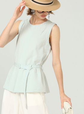 DONEED2026夏款时尚休闲圆领无袖压褶配腰带纯色简约上衣女