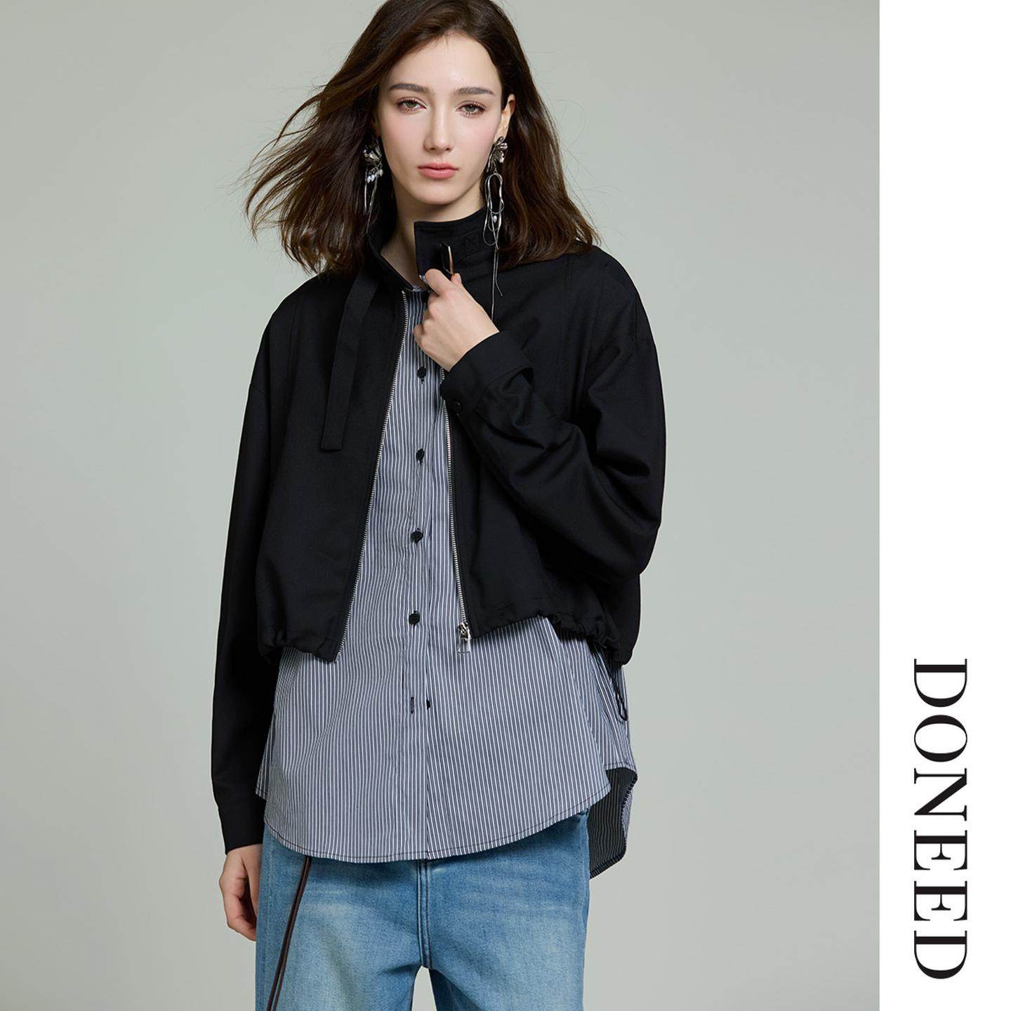 DONEED2026春季新款高级感条纹衬衫拼接设计感宽松时尚简约外套女,女装/女士精品,短外套,淘宝优惠券,粉丝福利购,淘宝优惠卷