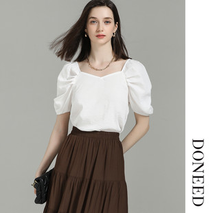 衬衫 DONEED夏款 纯色短袖 甜美少女方领复古泡泡袖 女上衣 法式