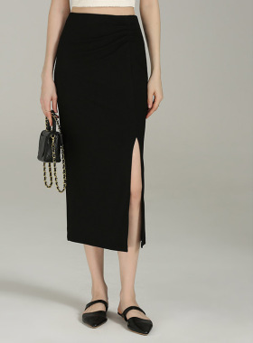 DONEED春款优雅气质开叉褶皱包臀裙高腰显瘦黑色针织半身裙女