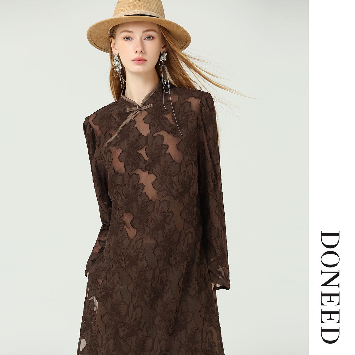 复古斜襟剪花盘扣新中式长袖上衣