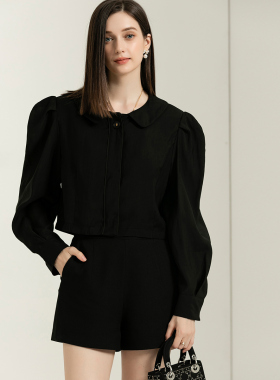 DONEED春款简约时髦娃娃领衬衣个性复古羊腿袖衬衣上衣女