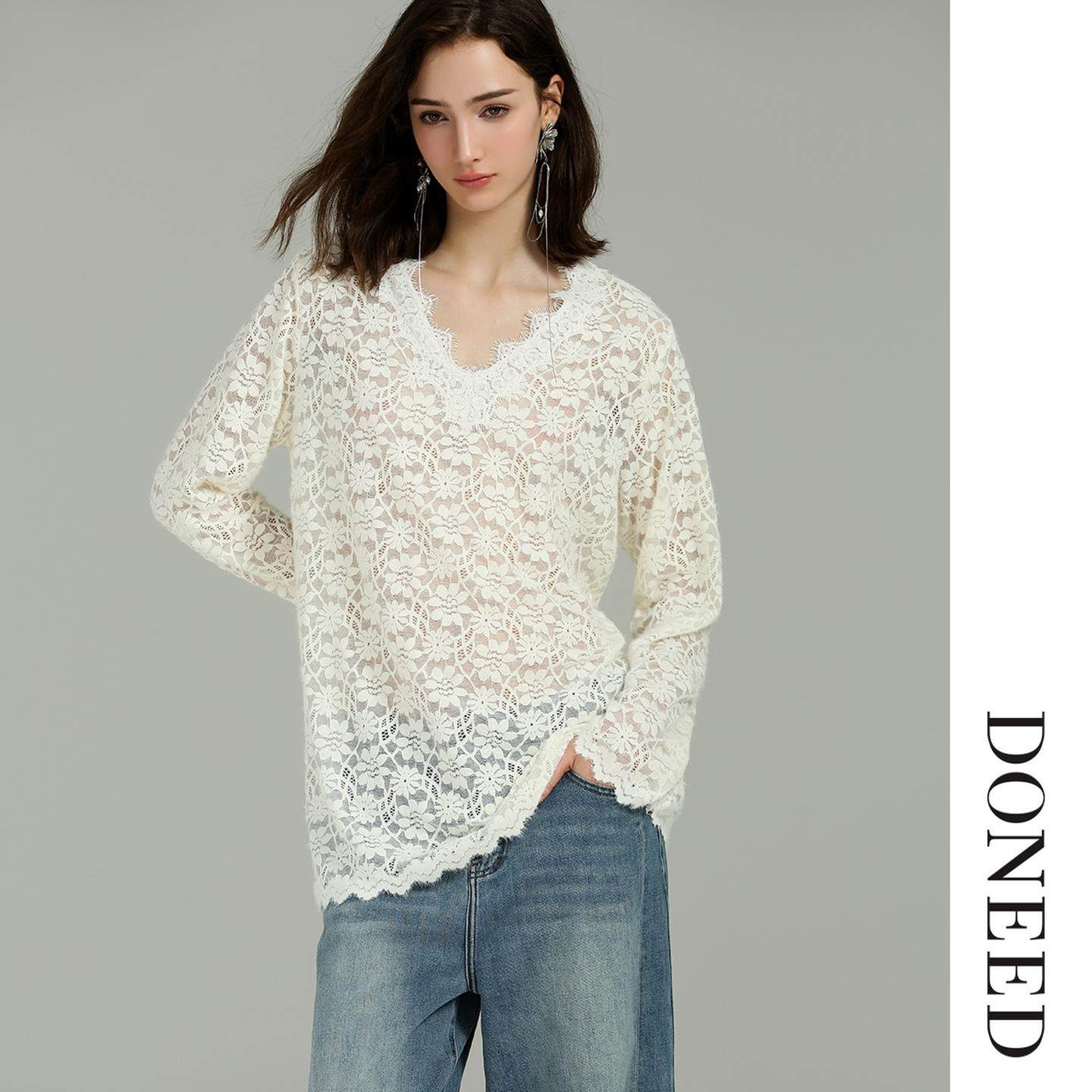 DONEED2026初春新款睫毛花边V领遮肉显瘦时尚优雅长袖蕾丝上衣女,女装/女士精品,毛针织衫,淘宝优惠券,粉丝福利购,淘宝优惠卷