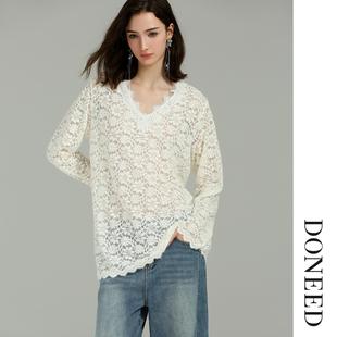 DONEED2026初春新款睫毛花边V领遮肉显瘦时尚优雅长袖蕾丝上衣女