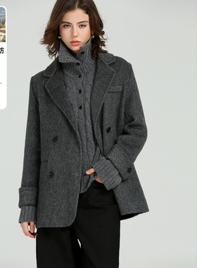 DONEED冬季新款绵羊毛西装外套灰色毛呢大衣女