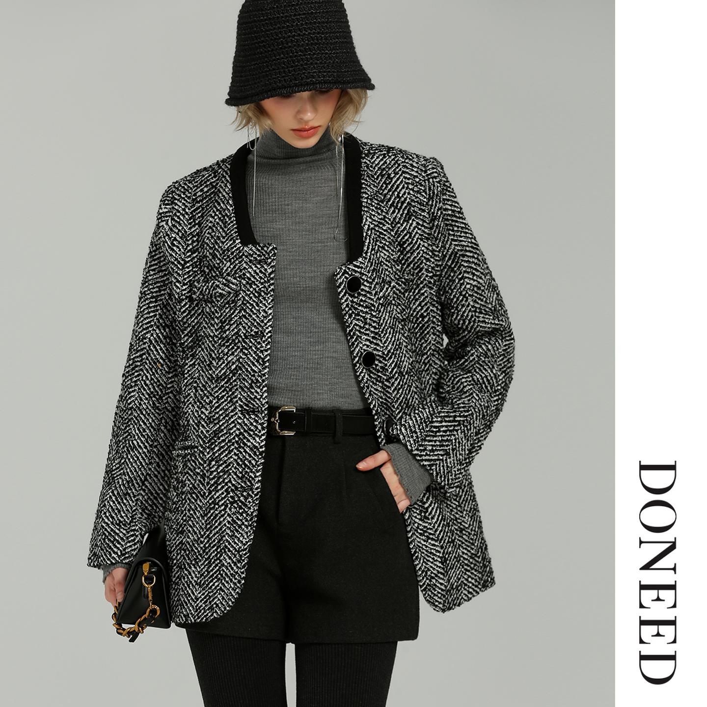 复古韩版通勤V领人字纹呢料外套
