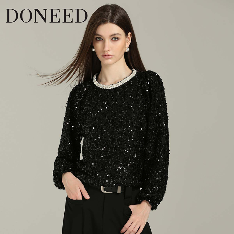 DONEED2025春款时尚优雅气质亮片蕾丝圆领钉钻奢华设计感上衣女