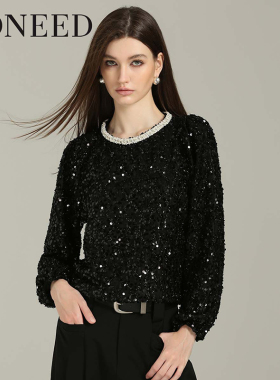 DONEED春款时尚优雅气质亮片蕾丝圆领钉钻奢华设计感上衣女