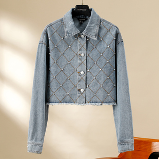 DONEED春秋轻奢重工潮流款 饰菱形压线复古水洗牛仔外套女 钻扣装