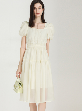 DONEED年夏款温柔气质打揽收腰初恋裙方领灯笼袖浪漫连衣裙女